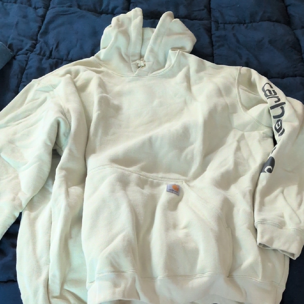 Carhartt Men's Cream Hoodie with Logo Sleeve
